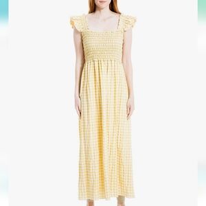 Max Studio Butter Yellow Flutter Sleeve Cottagecore Smocked Gingham Maxi Size S